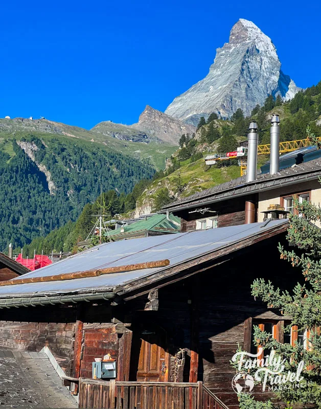 The Matterhorn view from a balcony with buildings in foreground