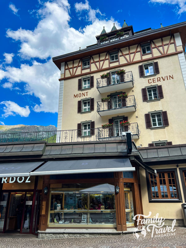 Exterior of Mont Cervin hotel with shop on the first level