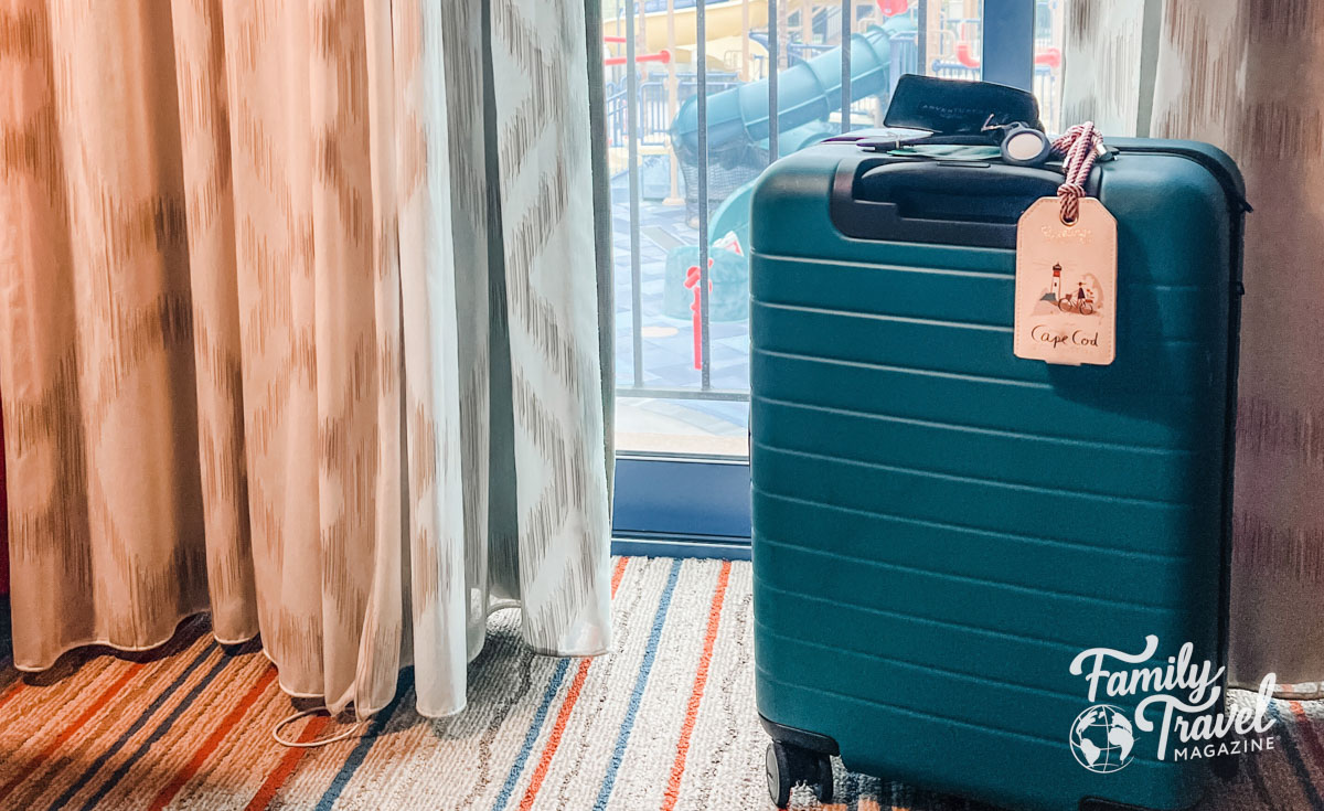 Teal roller suitcase in front of window with water park in the background
