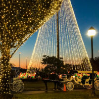 Gaylord Opryland exterior with horse drawn carriages, Christmas lights, and trees.