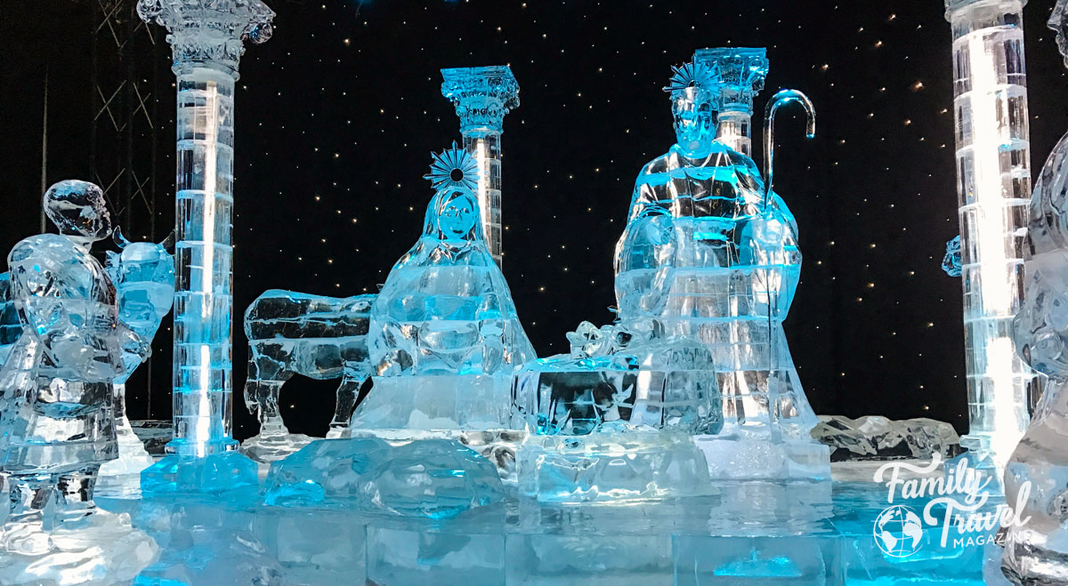 Ice nativity set with blue lighting