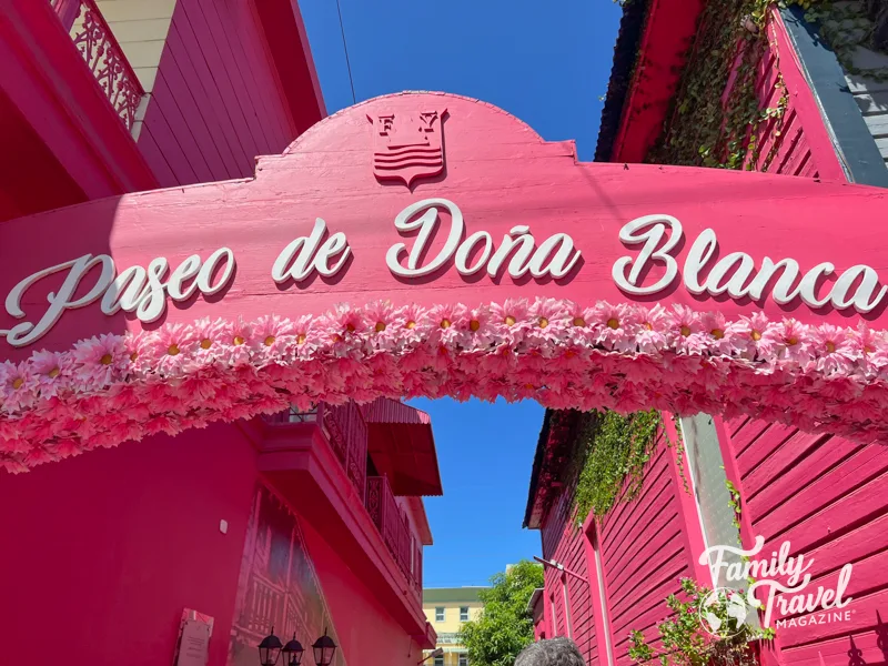 Entrance to pink street with sign and flowers