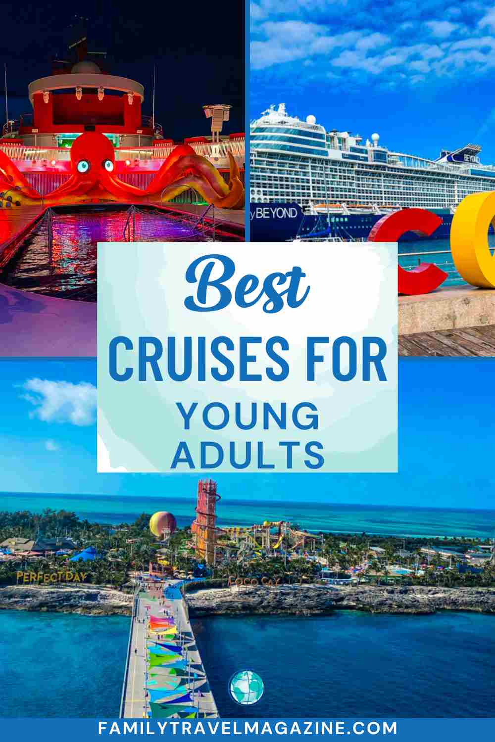 Inflatable red octopus on pool deck, Celebrity ship docked at Cozumel, Perfect Day at Coco Cay overhead view with waterslides, hot air balloon, and more.