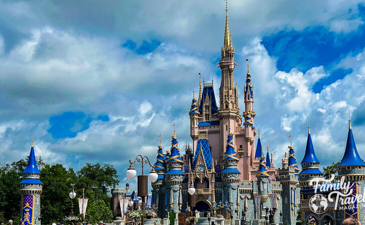 Cinderella Castle at Walt Disney World exterior with blue skies and clouds