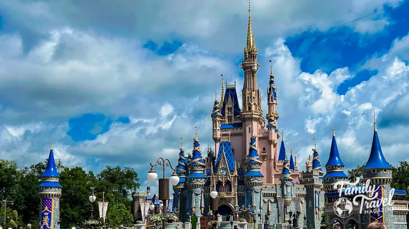 Cinderella Castle at Walt Disney World exterior with blue skies and clouds