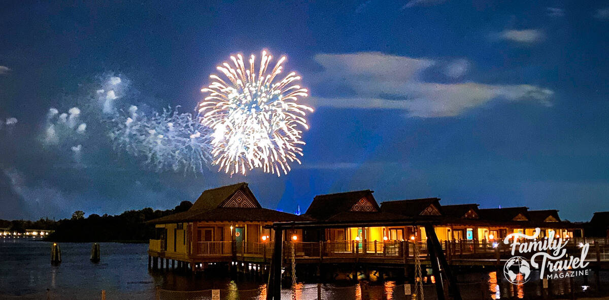 Fireworks over overwater bungalows 