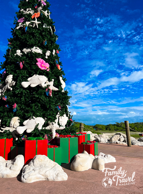 Tree decorated with sea creature ornaments on Castaway Cay