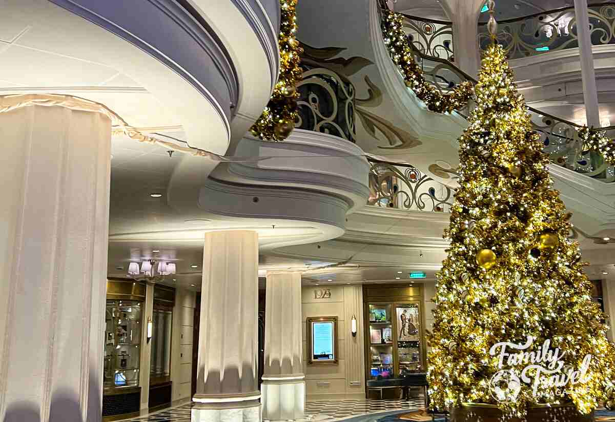 Large tree and other lights/garland in the Disney Wish atrium. 