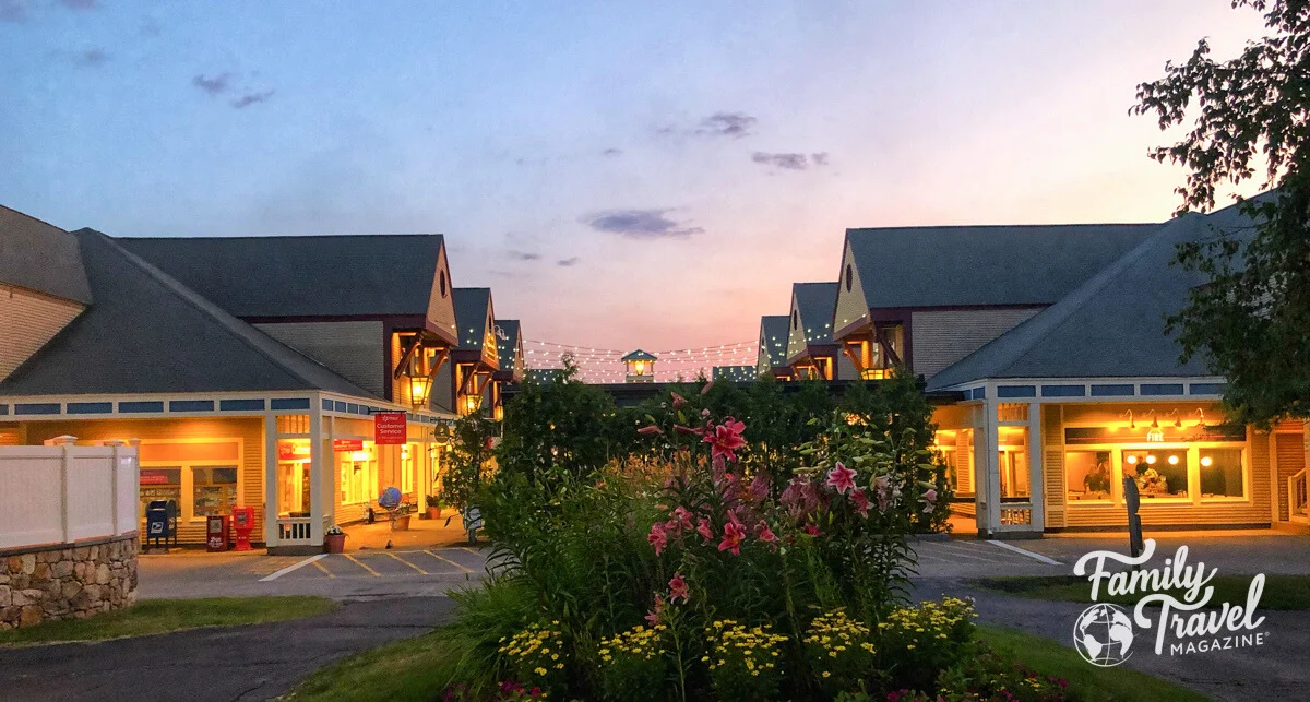 Flower display outside of outlets at sunset