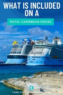 Two Royal Caribbean ships docked with a rock slab in the foreground.