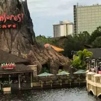 The Rainforest Cafe along a pier and the waterfront at Disney Springs