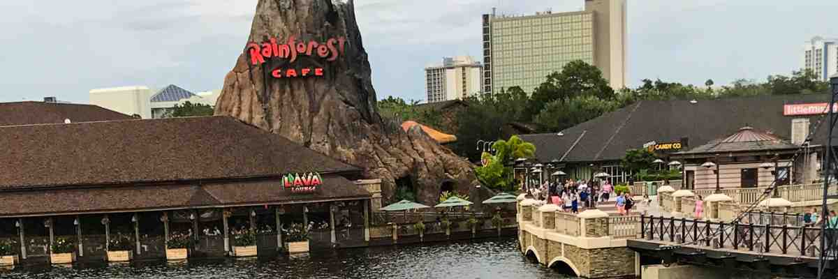 The Rainforest Cafe along a pier and the waterfront at Disney Springs