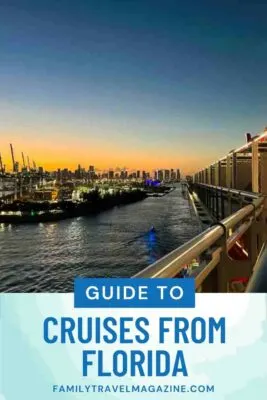 View of the Miami cruise port at sunset off the edge of a ship