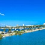 Port of Miami with strip of roadway and buildings in background
