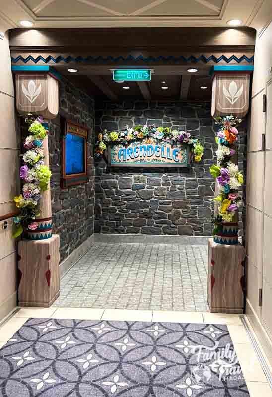 Entrance to Arendelle restaurant with flowers