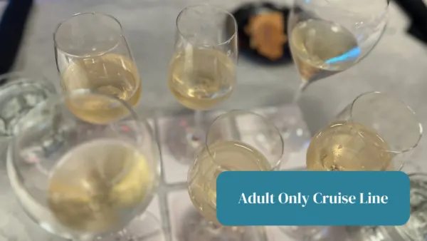 champagne glasses on a table half filled with adult only cruise line text