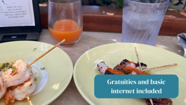 Gratuities and basic internet included text on image of shrimp and octopus skewers