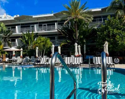The pool at the Ritz Carlton South Beach, surrounded by palm trees.