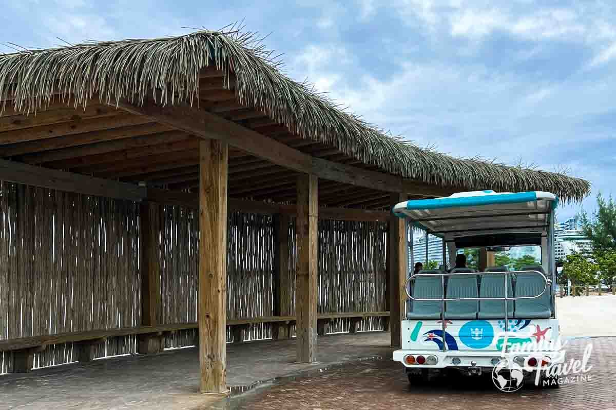Tram parked at waiting area hut.