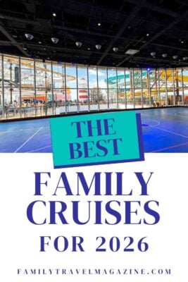 Indoor sports court on a family cruise ship with large windows overlooking a water park, promoting 2026 family cruises.