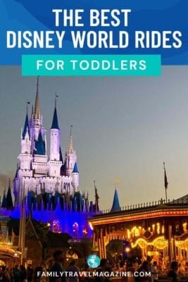 Evening view of Cinderella Castle at Walt Disney World lit in purple and blue lights, with a brightly lit carousel in the foreground and text overlay reading 'The Best Disney World Rides for Toddlers – familytravelmagazine.com