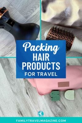 Packing hair products for travel graphic with collage of essentials including a hair dryer, round brush, silk pouch, solid shampoo and conditioner bars, and a pink bag, with text overlay ‘Packing Hair Products for Travel’