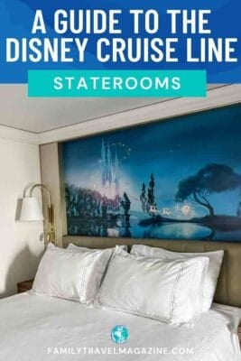 Disney Cruise Line stateroom guide pin image with fairytale castle headboard above cruise ship bed