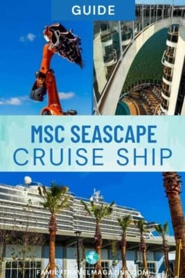 Collage shows cruise ship, robotic arm ride, and skywalk bridge.