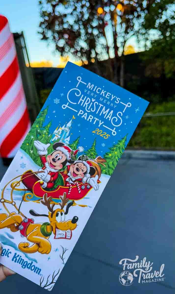 Mickeys Very Merry Christmas Party 2025 flyer with Mickey, Minnie, and Pluto.