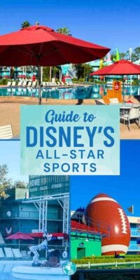 Collage shows Disneys All-Star Sports Resort with pools, baseball, and football themes.