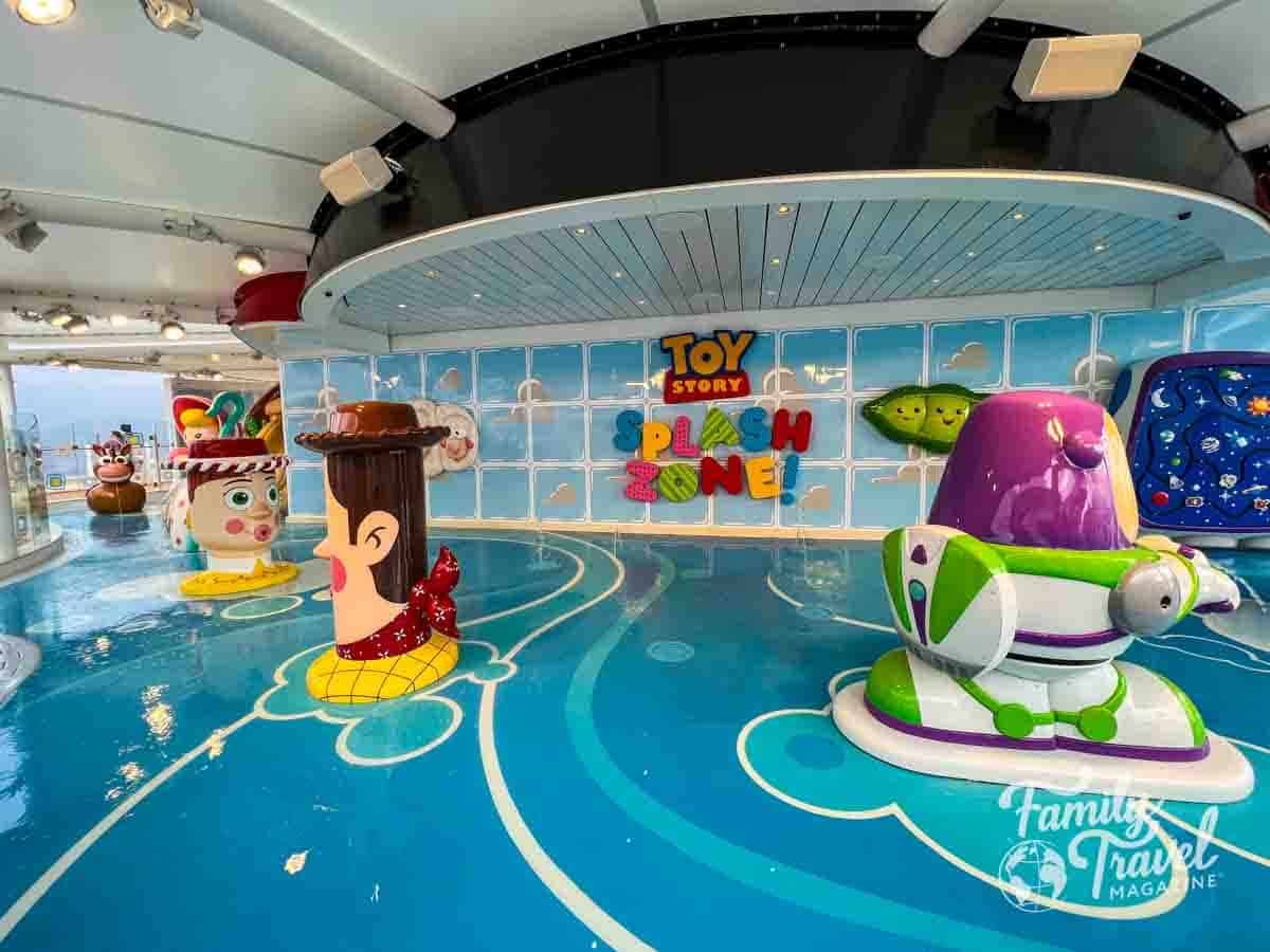 Toy Story Splash Zone on the Disney Wish cruise ship with Woody, Buzz Lightyear, and other character water features.