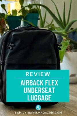 Airback Flex underseat luggage backpack for travel shown indoors, compact personal item bag for flights with plants in background