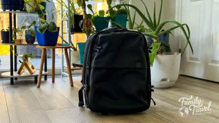 Black backpack on a light wood floor, surrounded by potted plants and a white door.