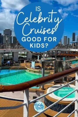 A Celebrity Cruises ship deck with pools and a hot tub overlooking the Miami skyline.
