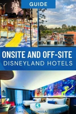 Collage of Disneyland hotels featuring a waterpark with fireworks, a Howard Johnson cup, and a Pixar themed hotel room.