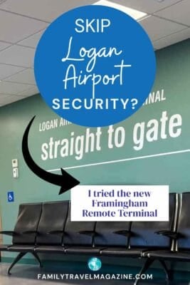 Airport waiting area with text about skipping Logan Airport security via the Framingham Remote Terminal.