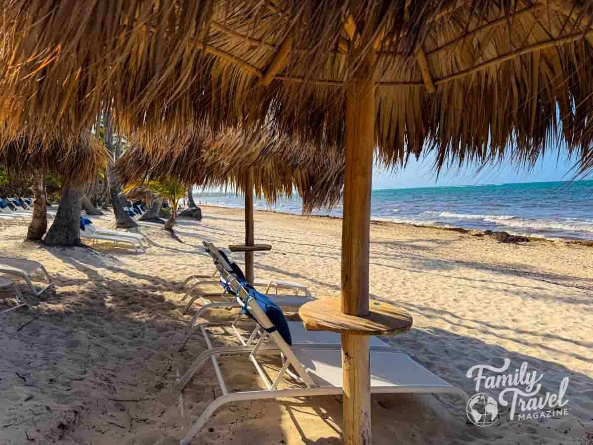 Sunny beach with thatched umbrellas, lounge chairs, palm trees, and turquoise ocean waves.