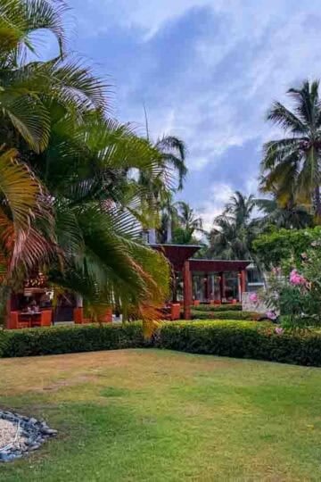 Lush tropical resort garden with palm trees, pink flowers, and outdoor dining areas under a cloudy sky.