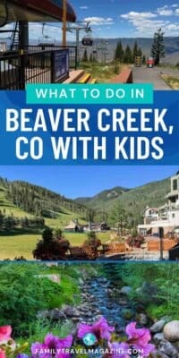 Summer views of Beaver Creek, Colorado, featuring ski lifts, a mountain village, and a stream.