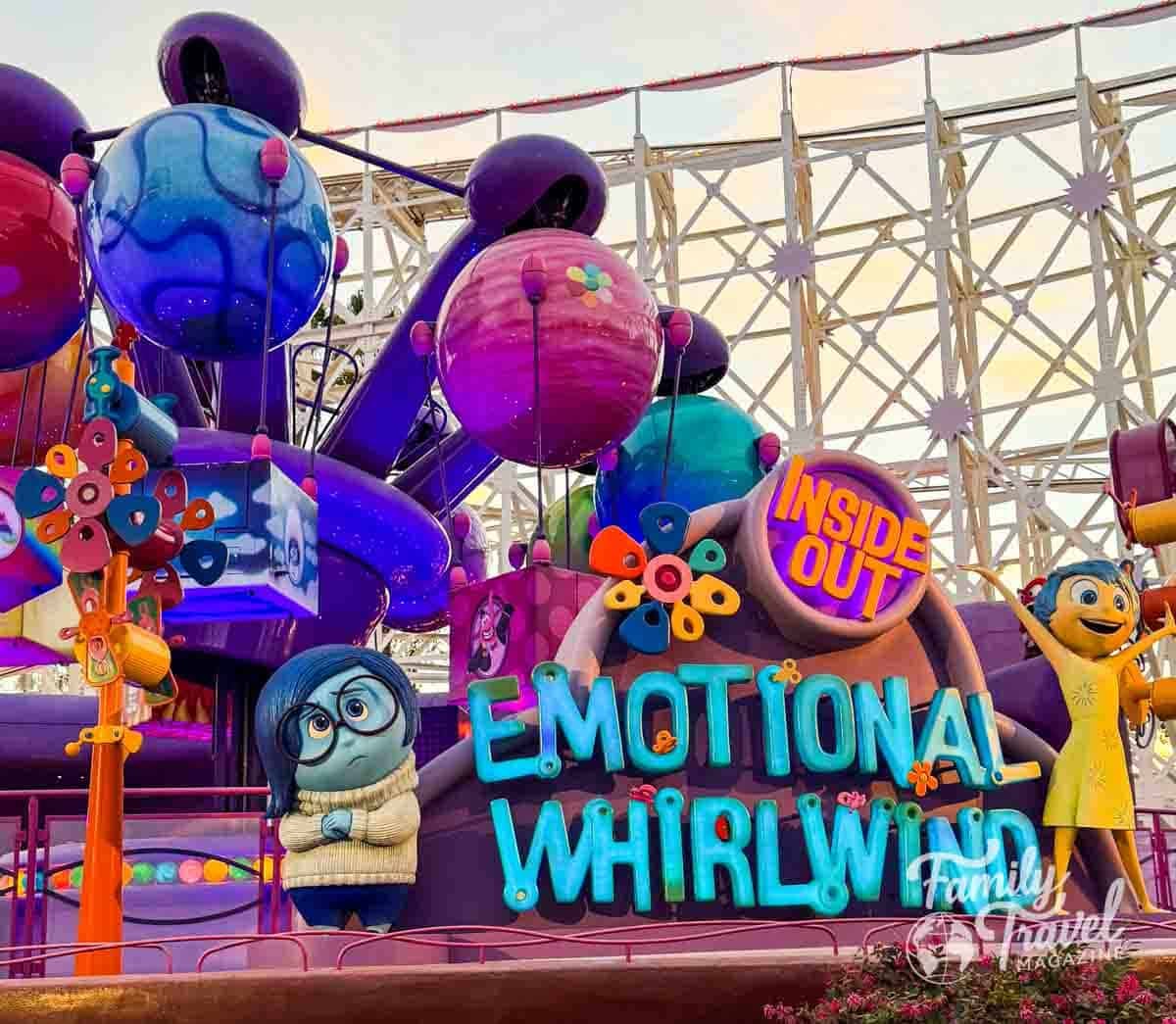 Colorful Inside Out Emotional Whirlwind ride with Sadness and Joy at Disney California Adventure Park.