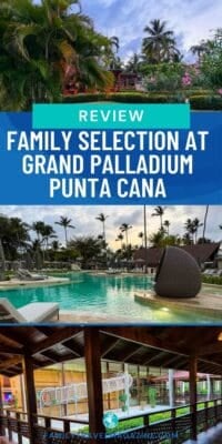 Tropical resort scene at Grand Palladium Punta Cana featuring a large swimming pool, palm trees, and family amenities.