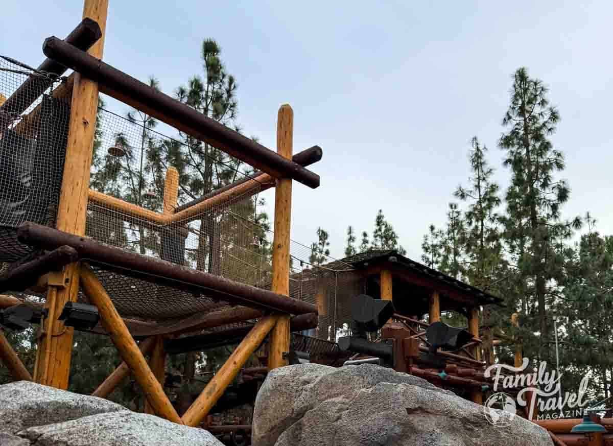 A rustic log and net adventure course at Redwood Creek Challenge Trail in Disney California Adventure Park.