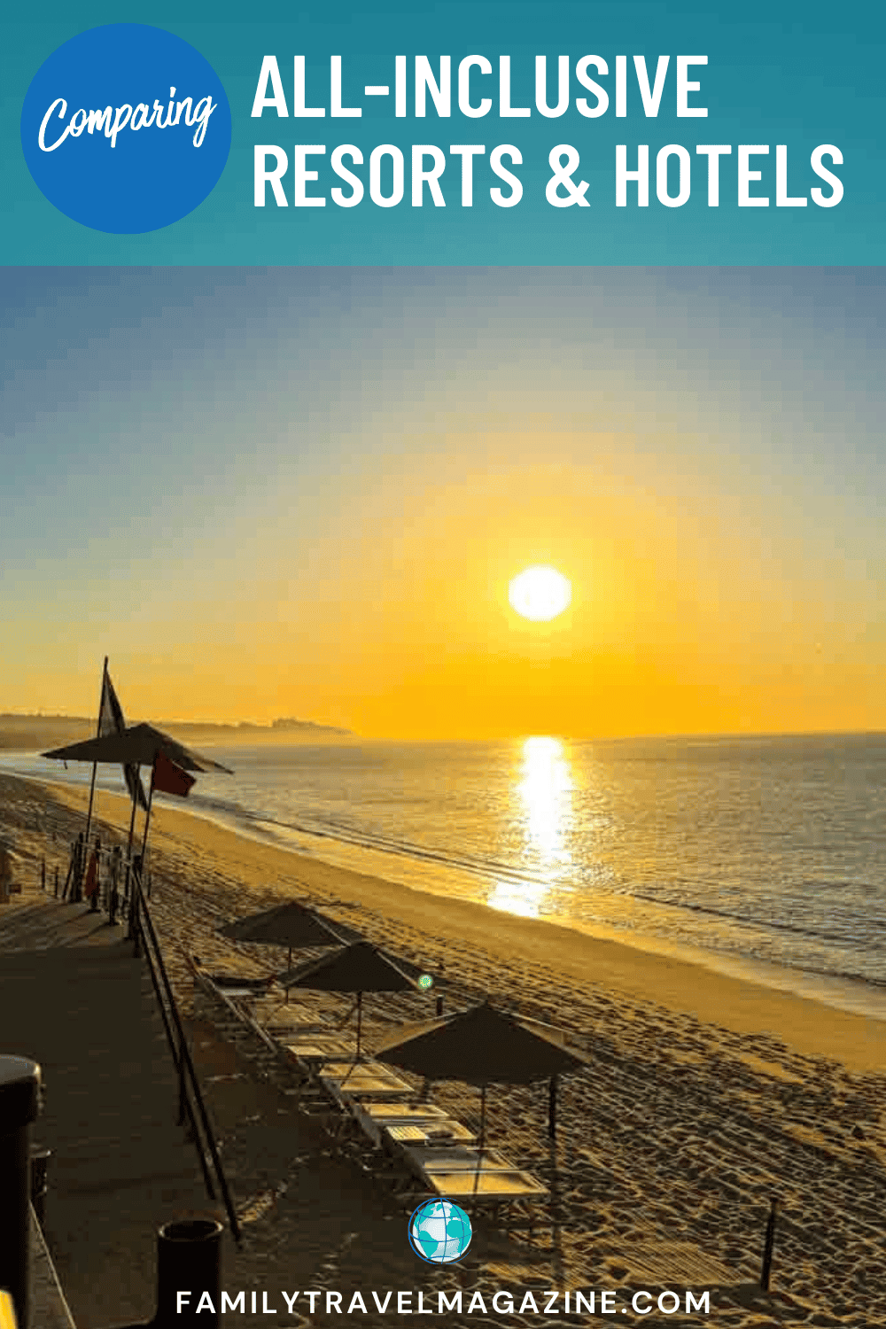 Sunset over beach with umbrellas and lounge chairs at a resort.