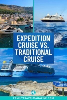 A collage shows a coastal town, an expedition ship at sea, and large cruise ships near a rocky shore.