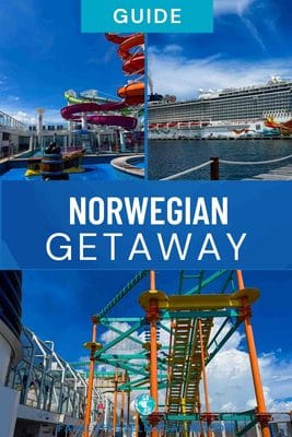 A collage shows the Norwegian Getaway cruise ship, a water slide, and a ropes course on a sunny day.