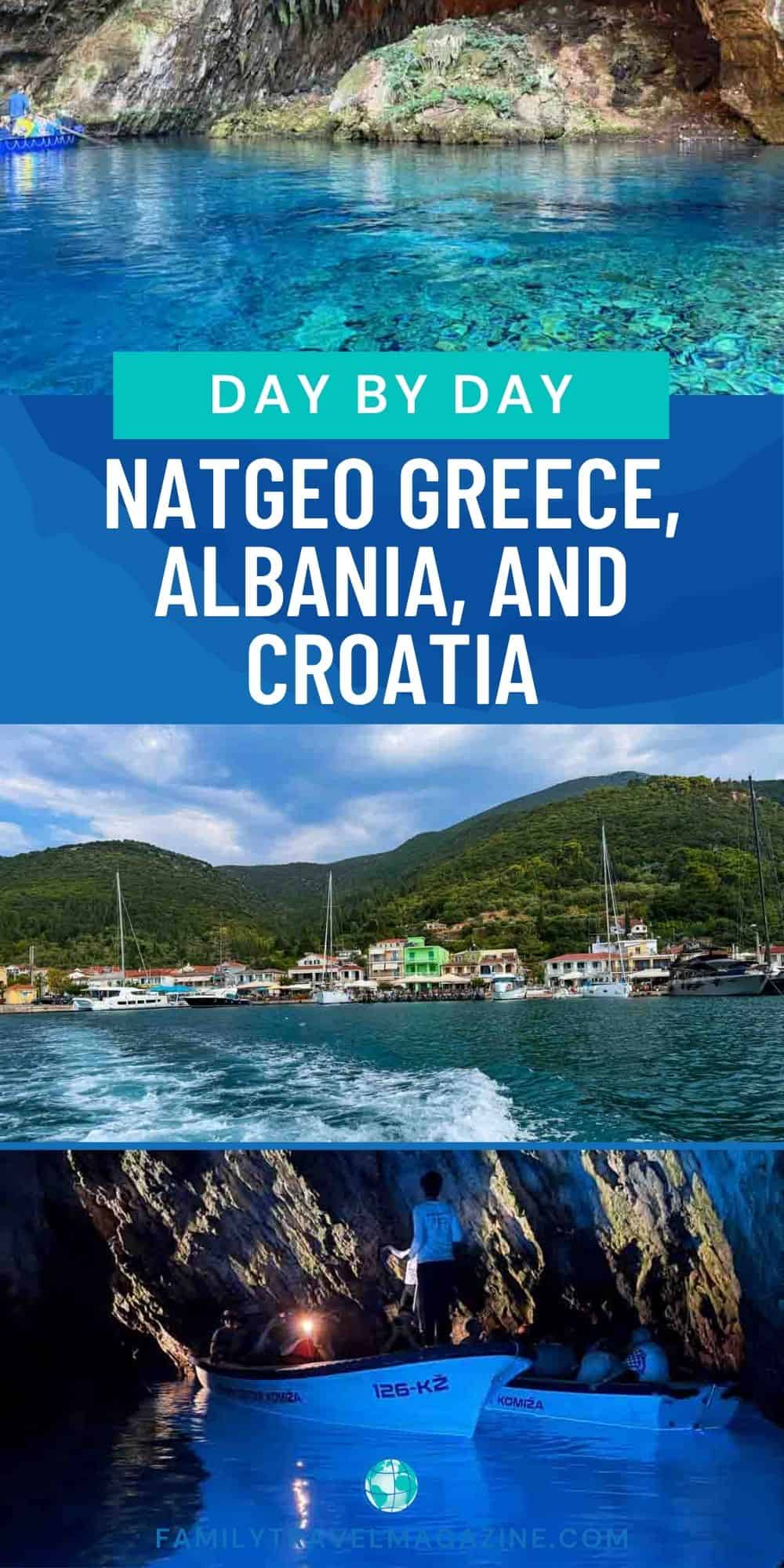 A collage shows a clear blue sea, a coastal town with boats, and a small boat carrying people inside a rocky sea cave.